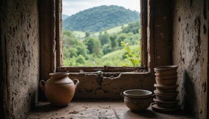 A still life image of a traditional kitchen corner. A rustic clay pot sits next to a stack of well-used bowls. A window looks out onto a green, lush landscape. The image is full of textures and earthy