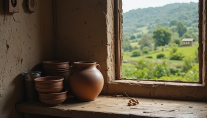 A still life image of a traditional kitchen corner. A rustic clay pot sits next to a stack of well-used bowls. A window looks out onto a green, lush landscape. The image is full of textures and earthy