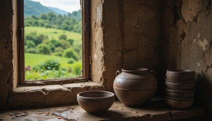A still life image of a traditional kitchen corner. A rustic clay pot sits next to a stack of well-used bowls. A window looks out onto a green, lush landscape. The image is full of textures and earthy