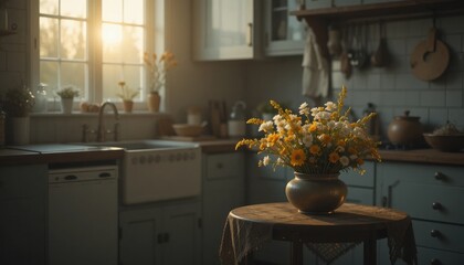 A serene image of a kitchen at dawn. A faint glow from a cooking fire illuminates the corner of the room, casting long shadows. 