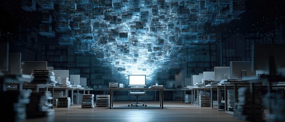 Dim futuristic office with rows of computers and a glowing central monitor beneath a cascading stream of digital data.