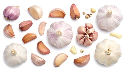 An overhead shot showcasing fresh garlic. Some bulbs are whole, others separated into cloves, with a few loose cloves and tiny bits scattered