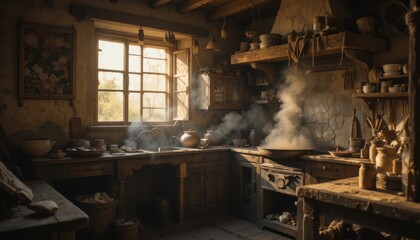 A warm, rustic kitchen in a traditional village home. The scene is lit by soft, golden light filtering through a window. An elderly woman is cooking over a clay stove, with smoke gently rising.
