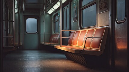 Empty vintage subway car interior with worn leather seats and moody lighting.