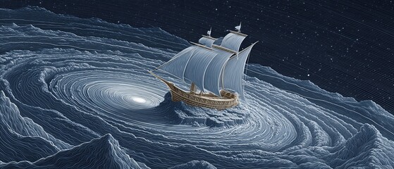 Vintage-style etching of a sailing ship battling swirling ocean waves under a stormy sky.