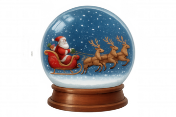 Santa claus driving sleigh with reindeer inside snow globe, celebrating winter christmas holiday