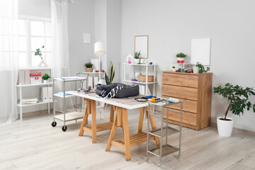 Interior of vet clinic with supplies for sterilization on table