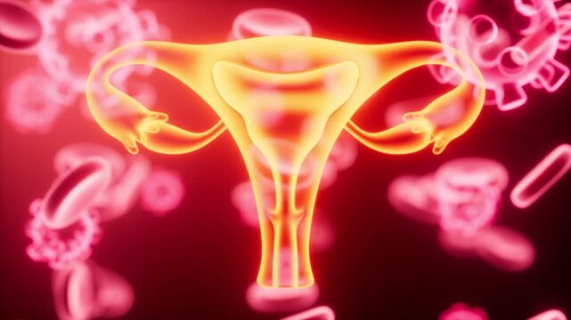 Female Reproductive System: 3D Animated Medical Visualization. Glowing outline of a female reproductive system including uterus, fallopian tubes, and ovaries on a background. 