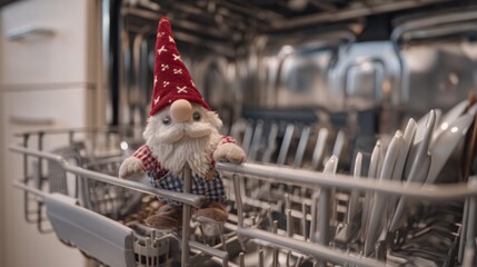 A whimsical gnome in the dishwasher, adding a touch of magic to everyday tasks