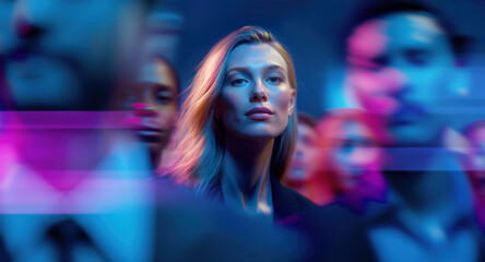 Confident businesswoman in focus as crowd blurs in blue and magenta lighting
