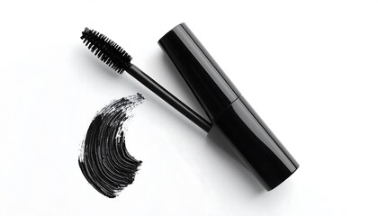An overhead shot shows a mascara tube with the wand out, a swatch of black on white