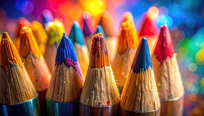 Macro Shot of Vivid Colored Pencils with Soft Bokeh Background Art Supplies in Yellow Blue Red Tones