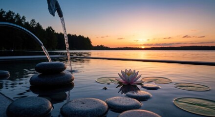 Serene water fountain at sunset. Water flows over stones into a lake. Lotus flower rests on water's surface. Tranquil scene