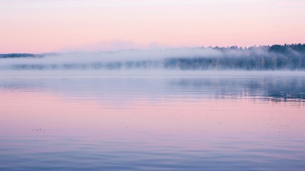 Soft Pastel Pink Mist Drifts Over a Calm, Glass-Like Lake as Sunrise Light Glows—Capturing a Serene, Dreamy Morning Scene Ideal for Landscape, Nature, or Tranquil Visual Projects.