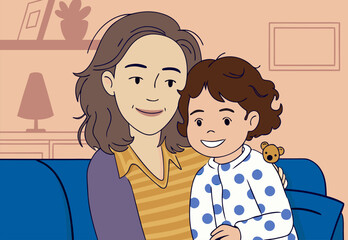 Warm Animated Illustration of Mother and Child Bonding on Couch