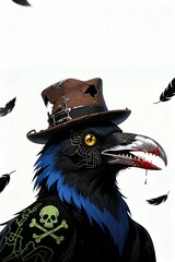 Steampunk Cyber Raven with Top Hat, Skull and Crossbones Illustration