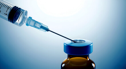 Close-up of syringe with needle inserted into vaccine bottle, symbolizing healthcare, immunization, and medicine.