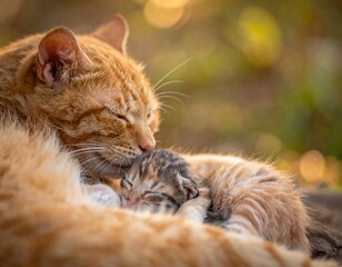 Naklejka premium Mother Cat Nurturing Kittens.
