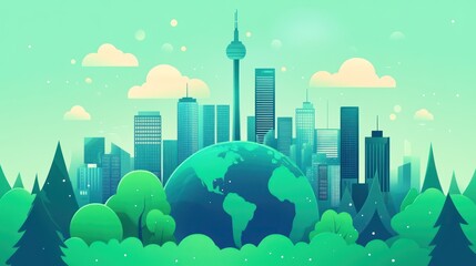 Fototapeta premium Eco friendly city skyline with globe in vibrant green cartoon illustration