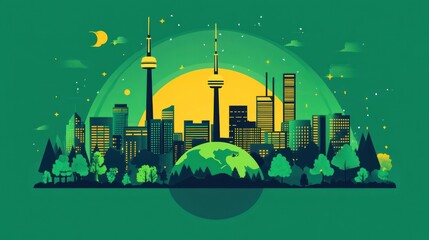 Fototapeta premium Stylized urban landscape with towers and environment elements against a sunset