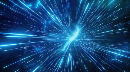 Abstract sci-fi hyperspace light speed effect with radiant blue energy beams in deep space
