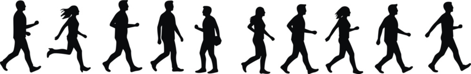Silhouette of multiple people walking and running, diverse group movement, fitness lifestyle, teamwork energy, outdoor activity, exercise concept, healthy lifestyle motivation