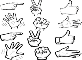 Set of Human Hand Signs and Gestures Sketch Illustrations.