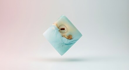 Abstract cube with miniature landscape and a small house on a soft background