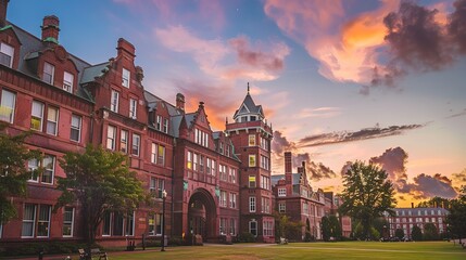 Naklejka premium Classic Red Brick University Building Bathed in Warm Sunset Glow—Showcasing Timeless Architectural Details and Golden-Hued Skies, Capturing a Nostalgic, Academic Ambiance Ideal for Campus or Landscape