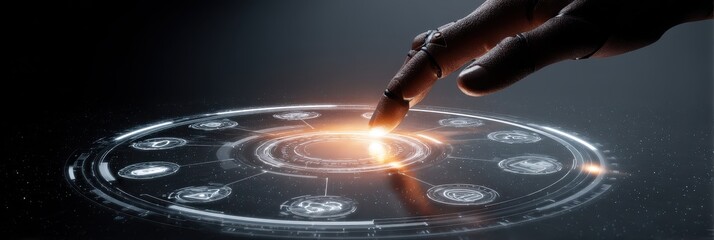Finger touching futuristic interface glowing light