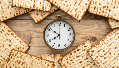 An overhead view features a vintage pocket watch nestled within a decorative frame of unleavened bread. The watch shows 808