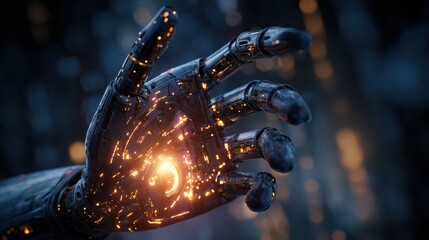Metallic hand with glowing particles floating around