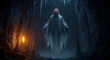 Ghostly figure with glowing red eyes floats in a dark icy cave setting