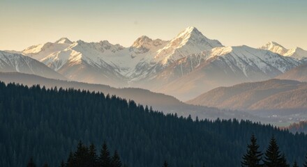 Snowy mountain range at dawn, forested foothills