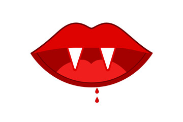 Striking Red Vampire Lips with Fangs and Blood Drops for Halloween Design Projects