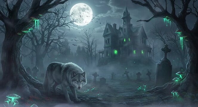 Wolf standing on misty landscape near mansion under bright full moon night. Wildlife and fantasy concept
Seamless looping, virtual video animation background. Generated AI	
