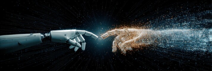 Robot and human hands reaching on dark background