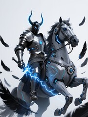 Cybernetic Knight on Mechanical Horse with Lightning Sword Sci-Fi Art