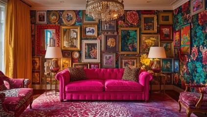 Maximalist An interior design featuring a bright pink sofa, decorated with paintings and a chandelier, creating a vibrant and cozy atmosphere