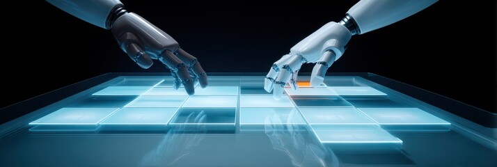 Robotic hands interacting on glowing interface