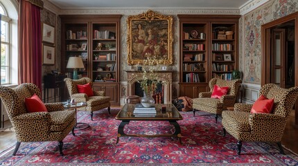 Maximalist A luxurious and elegant living room interior with a fireplace, bookshelves, and comfortable armchairs. The room is filled with exquisite details and inviting atmosphere