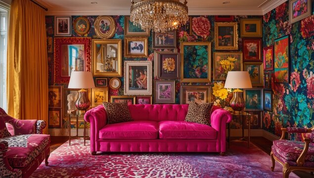Maximalist An interior design featuring a bright pink sofa, decorated with paintings and a chandelier, creating a vibrant and cozy atmosphere
