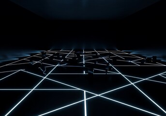 Dimensional Gridscape: A Dark Arena with Luminous Intersecting Lines and Floating Obstacles