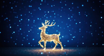 Sparkling golden reindeer silhouette against a blue night sky scattered with glittering stars