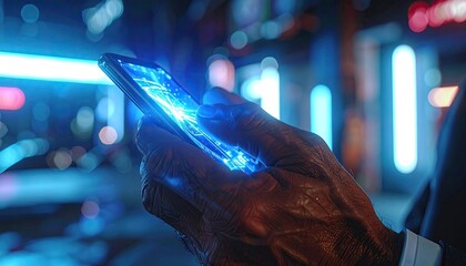 Close Up of Wrinkled Hand Holding Glowing Blue Smartphone with Bokeh Lights and Textures in Dark Night Setting