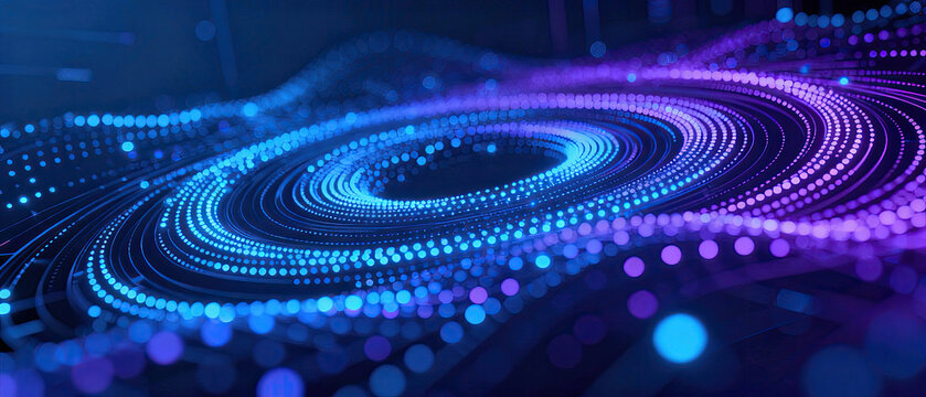 Abstract digital swirl with colorful glowing circles and waves representing modern technology and data flow. - Powered by Adobe