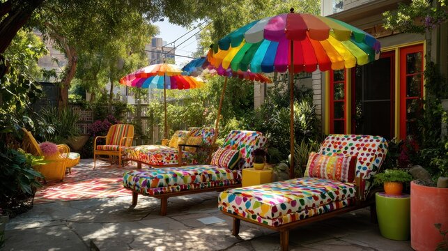 Maximalist Relaxing outdoor patio with colorful umbrellas and lounge chairs. The patio has a welcoming and vibrant atmosphere with a bright day light 