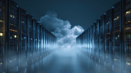 Server room with clouds and reflective flooring