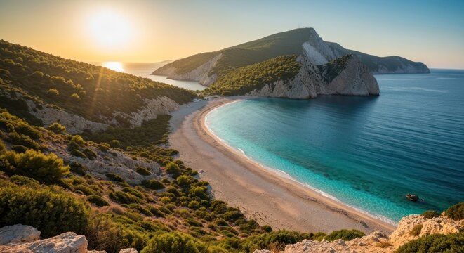 Stunning sunrise over a secluded beach. Lush greenery meets turquoise water, framed by dramatic cliffs