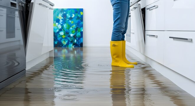 Water Damage in Kitchen with Person Wearing Boots Standing in Flood After Burst Pipe